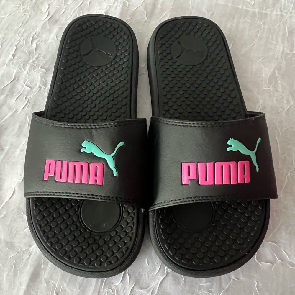 Puma Black Slides with Pink and Teal Logo Woman’s size 7